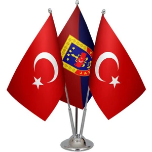 Satürn Design Masaüstü Jandarma Bayrağı Türk Bayrağı Üçlü Krom Direk Masa Bayrak Seti
