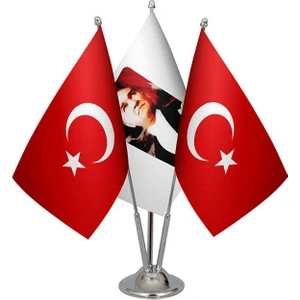 Satürn Design Masaüstü Atatürk Bayrağı Türk Bayrağı Üçlü Krom Direk Masa Bayrak Seti