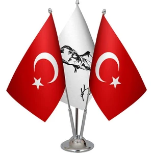 Satürn Design Masaüstü Atatürk Imzalı Bayrağı Türk Bayrağı Üçlü Krom Direk Masa Bayrak Seti