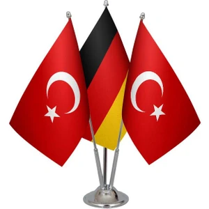 Satürn Design Masaüstü Almanya Bayrağı Türk Bayrağı Üçlü Krom Direk Masa Bayrak Seti