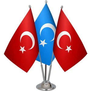 Satürn Design Masaüstü Doğu Türkistan Bayrağı Türk Bayrağı Üçlü Krom Direk Masa Bayrak Seti