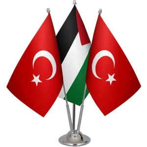 Masaüstü Filistin Bayrağı Türk Bayrağı Üçlü Krom Direk Masa Bayrak Seti