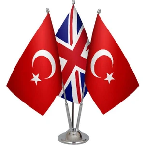 Satürn Design Masaüstü Ingiltere Bayrağı Türk Bayrağı Üçlü Krom Direk Masa Bayrak Seti