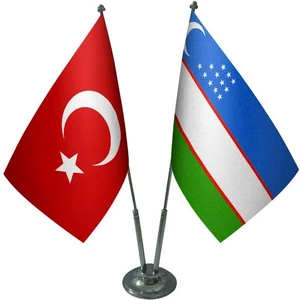 Satürn Design Masaüstü Özbekistan Bayrağı Türk Bayrağı İkili Krom Direk Masa Bayrak Seti