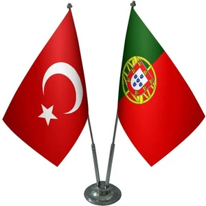 Satürn Design Masaüstü Portekiz Bayrağı Türk Bayrağı İkili Krom Direk Masa Bayrak Seti