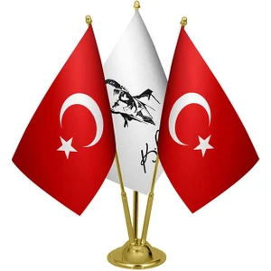 Satürn Design Masaüstü Atatürk Imzalı Bayrağı Türk Bayrağı Üçlü Pirinç Direk Masa Bayrak Seti