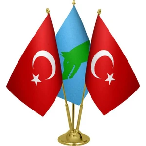 Masaüstü Göktürk Bayrağı Türk Bayrağı Üçlü Pirinç Direk Masa Bayrak Seti
