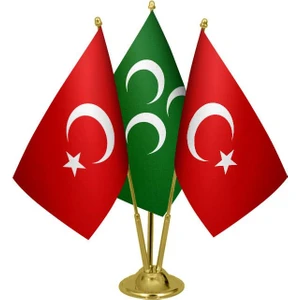Satürn Design Masaüstü Yeşil Üç Hilal Bayrağı Türk Bayrağı Üçlü Pirinç Direk Masa Bayrak Seti