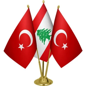 Masaüstü Lübnan Bayrağı Türk Bayrağı Üçlü Pirinç Direk Masa Bayrak Seti