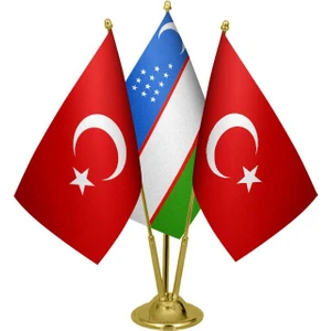 Masaüstü Özbekistan Bayrağı Türk Bayrağı Üçlü Pirinç Direk Masa Bayrak Seti