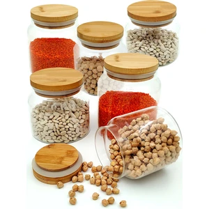 Karçiçeği Home 6 Adet 500ML Bambu Kapaklı Cam Baharatlık Takımı ve Saklama Kabı
