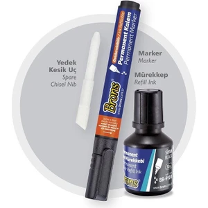 Brons Permanent Marker Seti Kesik Uç Siyah (Kalem + Mürekkep + Yedek Uç)