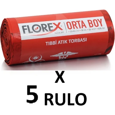 Florex Tıbbı Atık Baskılı Orta Boy ( 55X60 cm )  Çöp Poşeti 5 Rulo 25*5=125