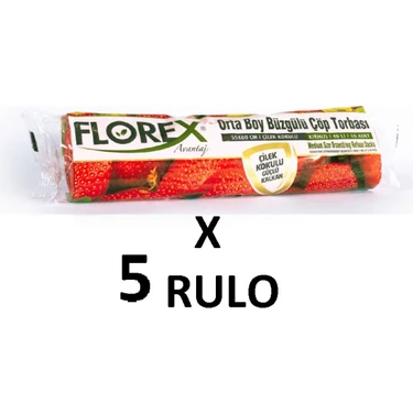 Florex Çilek Kokulu Büzgülü Orta Boy ( 55X60 cm ) Çöp Poşeti Kırmızı 5 Rulo 10*5=50