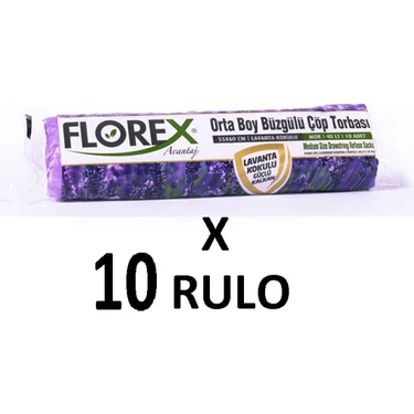 Florex Lavanta Kokulu Büzgülü Orta Boy ( 55X60 cm ) Çöp Poşeti Mor 10 Rulo 10*10=100