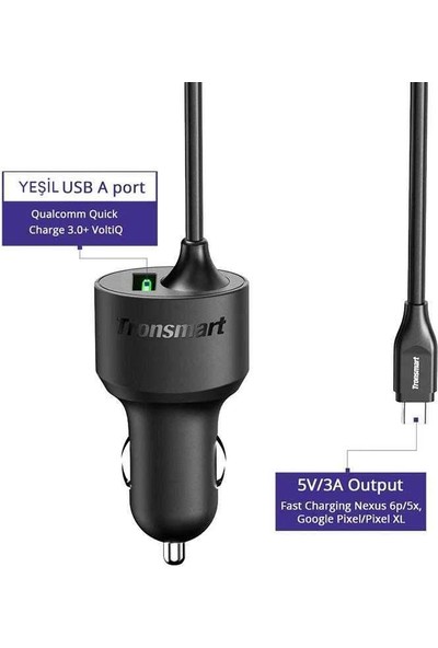 Tronsmart Ccta Qc 3.0 Type-C Kablolu USB Araç Şarj Cihazı