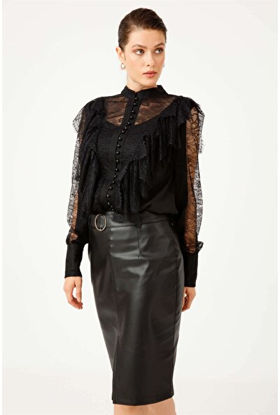 Moda İlgi Dantelli Gömlek 1508 - Siyah