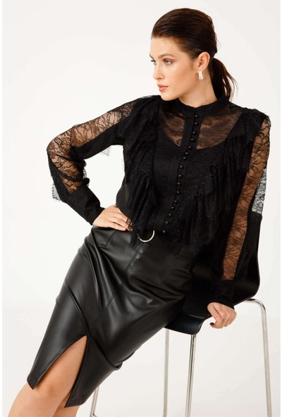Moda İlgi Dantelli Gömlek 1508 - Siyah