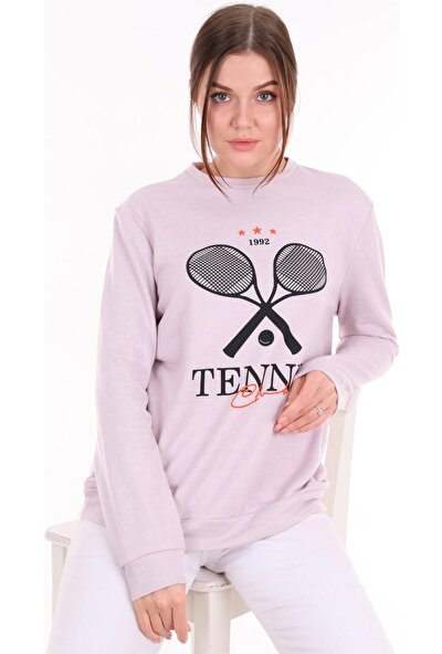Kadın Tennis Baskılı Sweatshirt Pudra