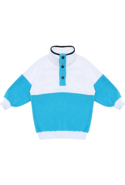 Berselüx Mazi Mavi, Beyaz Balıkçı Yaka Çıtçıtlı Kız-Erkek Çocuk Unisex Polar Sweatshirt 1-8 Yaş