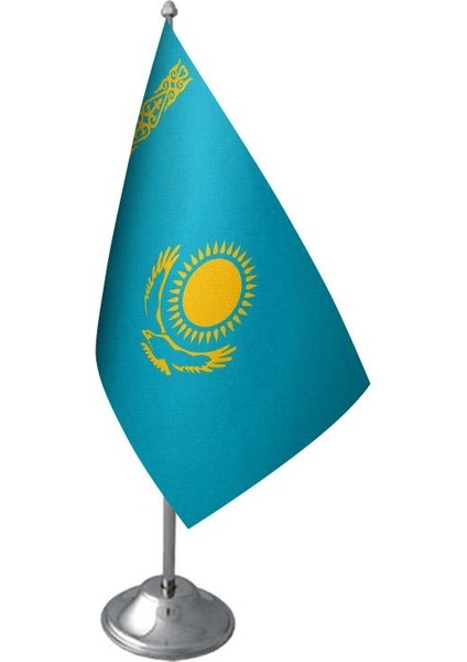 Masa Üstü Kazakistan Bayrağı Krom Direk Masa Bayrak Seti