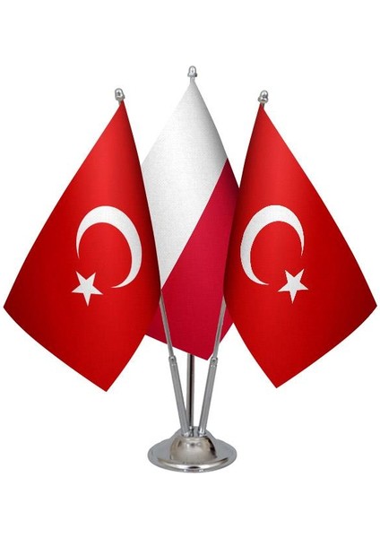 Masa Üstü Polonya Bayrağı Türk Bayrağı Üçlü Krom Direk Masa Bayrak Seti