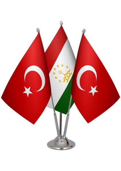 Masa Üstü Tacikistan Bayrağı Türk Bayrağı Üçlü Krom Direk Masa Bayrak Seti