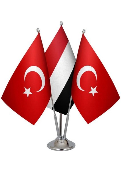 Masa Üstü Yemen Bayrağı Türk Bayrağı Üçlü Krom Direk Masa Bayrak Seti