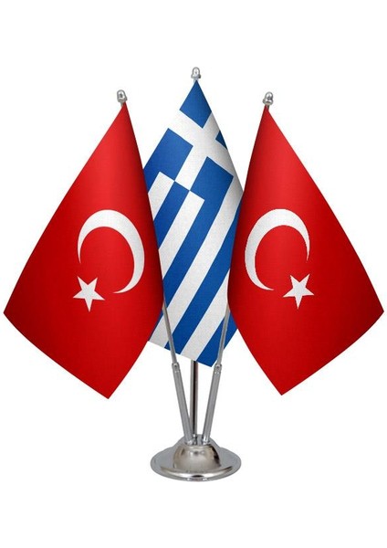 Masa Üstü Yunanistan Bayrağı Türk Bayrağı Üçlü Krom Direk Masa Bayrak Seti