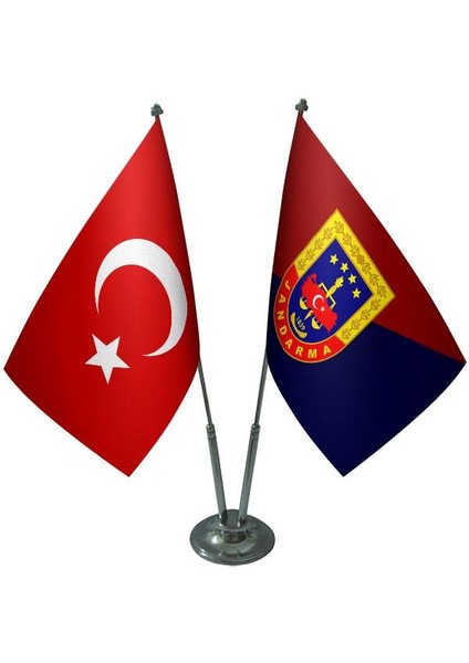 Masaüstü Jandarma Bayrağı Türk Bayrağı İkili Krom Direk Masa Bayrak Seti