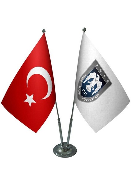 Masaüstü Hava Kuvvetleri Bayrağı Türk Bayrağı İkili Krom Direk Masa Bayrak Seti