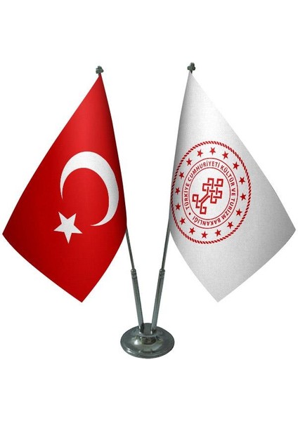 Masaüstü Kültür Bakanlığı Bayrağı Türk Bayrağı İkili Krom Direk Masa Bayrak Seti