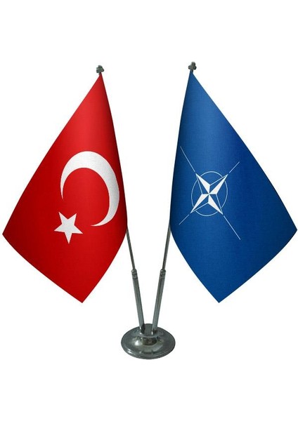 Masaüstü Nato Bayrağı Türk Bayrağı İkili Krom Direk Masa Bayrak Seti