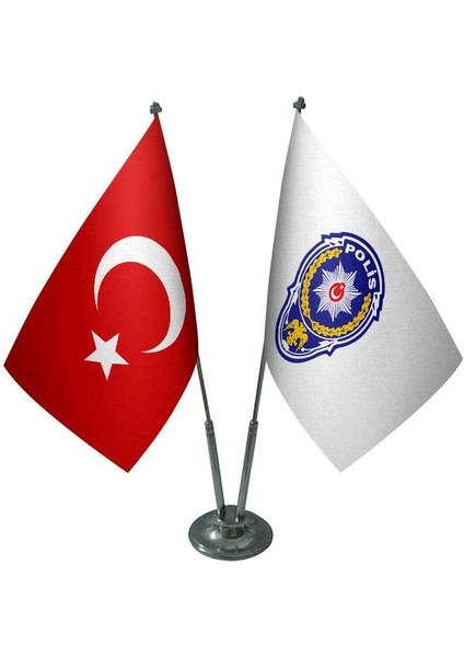 Masaüstü Polis Arması Bayrağı Türk Bayrağı İkili Krom Direk Masa Bayrak Seti
