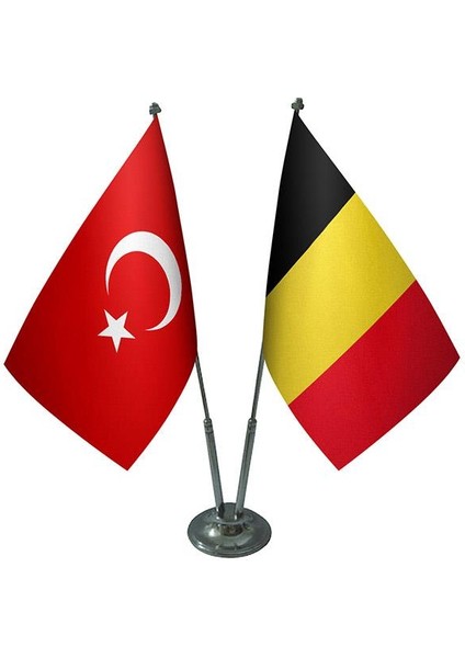 Masaüstü Belçika Bayrağı Türk Bayrağı İkili Krom Direk Masa Bayrak Seti