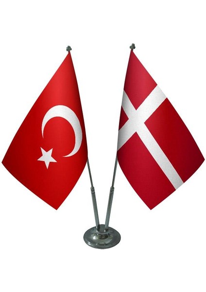 Masaüstü Danimarka Bayrağı Türk Bayrağı İkili Krom Direk Masa Bayrak Seti