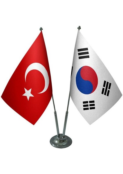 Masaüstü Güney Kore Bayrağı Türk Bayrağı İkili Krom Direk Masa Bayrak Seti