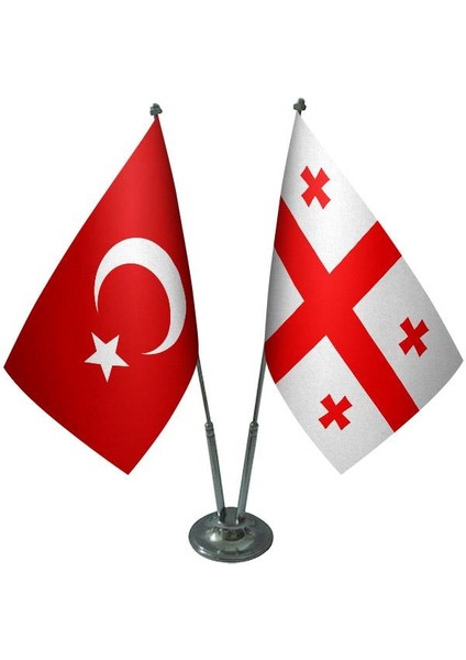 Masaüstü Gürcistan Bayrağı Türk Bayrağı İkili Krom Direk Masa Bayrak Seti