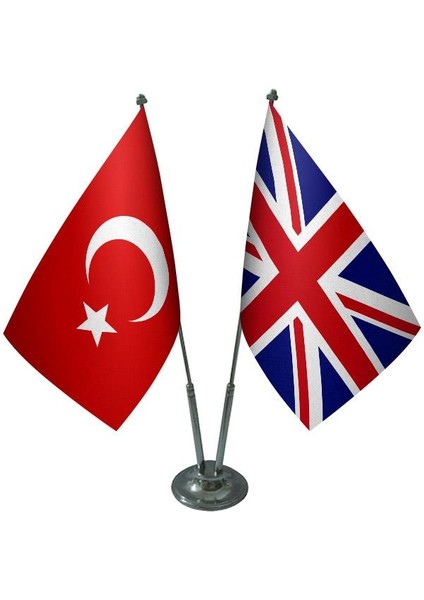 Masaüstü Ingiltere Bayrağı Türk Bayrağı İkili Krom Direk Masa Bayrak Seti