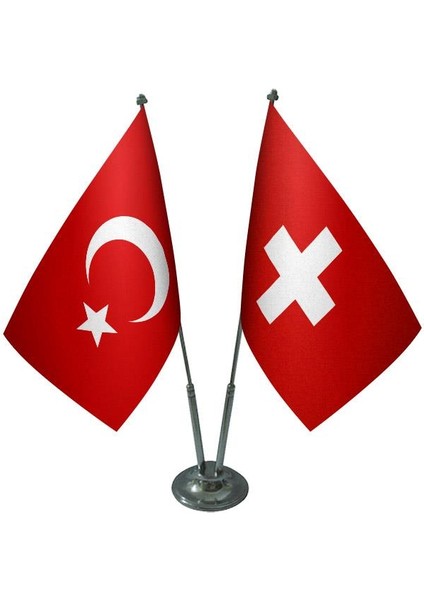 Masaüstü Isviçre Bayrağı Türk Bayrağı İkili Krom Direk Masa Bayrak Seti