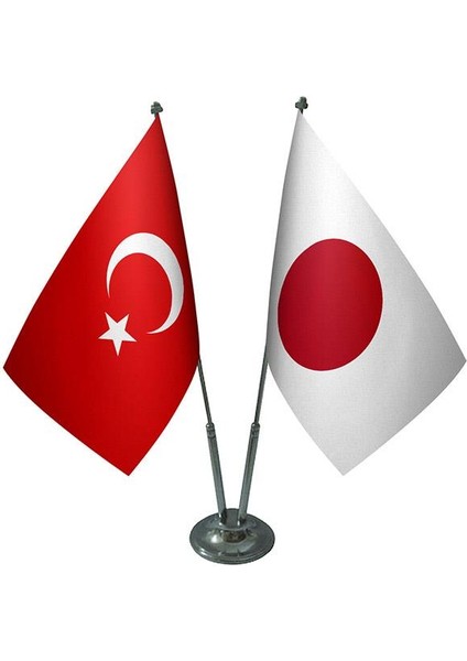 Masaüstü Japonya Bayrağı Türk Bayrağı İkili Krom Direk Masa Bayrak Seti