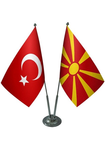 Masaüstü Makedonya Bayrağı Türk Bayrağı İkili Krom Direk Masa Bayrak Seti