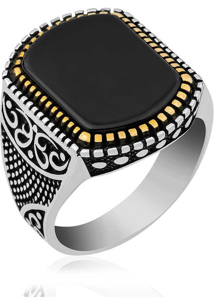 Gümüş Oniks Taşlı Desenli Erkek Yüzük