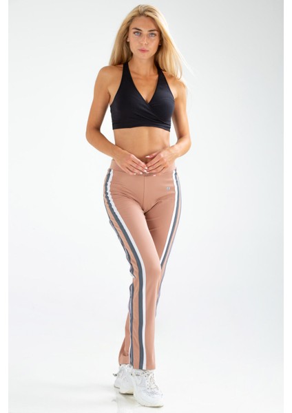 Pudra Regular Fit Düz Dalgıç Kumaş Çıt Çıtlı Düz Paça Kadın Eşofman Altı - SD0713
