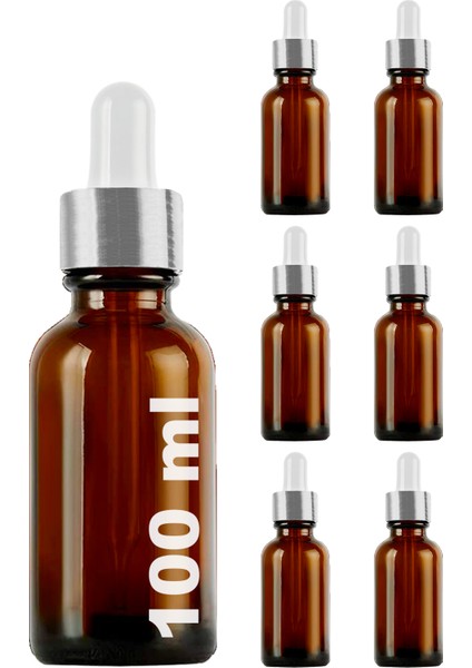 100 cc Amber Damlalık Metal Gümüş Sızdırmaz Kapaklı 100 ml Dropper Cam Serum Şişesi 6 Adet