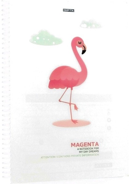 Magenta Flamingo Spiralli Plastik Kapak 80 Yaprak 19X26 Kareli Defter Model-1