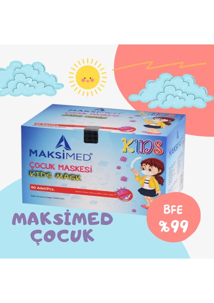 Çocuk Pembe 3 Katlı Meltblownlu Burun Telli Cerrahi Maske - 50'li Kutu