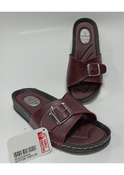 Bordo Anatomik Taban Tokalı Rahat Taban Kadın Terlik