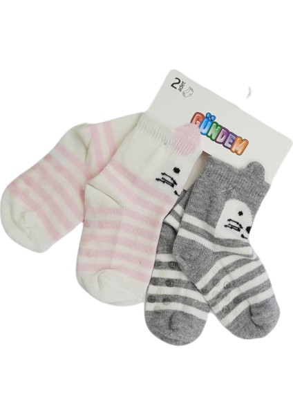 2'li Silikonlu Desenli Kız Bebek Çorabı 6-12 Ay BT-0357