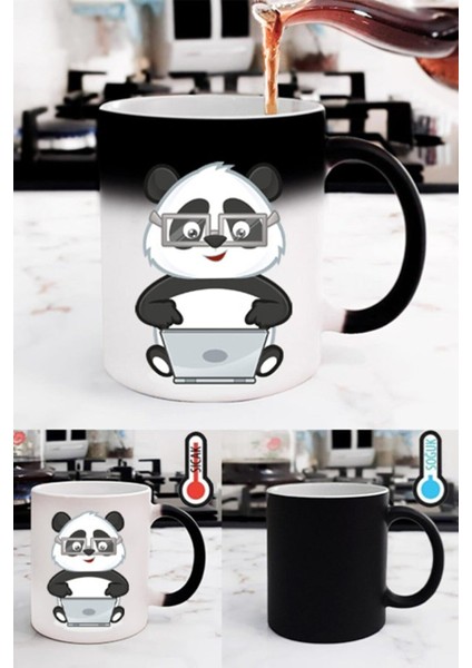 Çalışan Sevimli Panda Tasarım Hediyelik Sihirli Baskılı Kupa